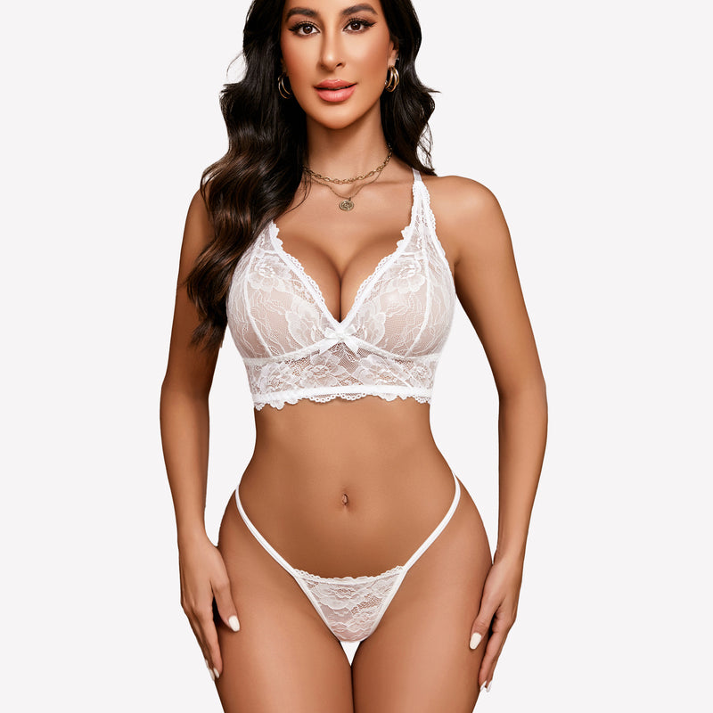White floral lace bralette and panty set. Sexy lingerie with adjustable straps.