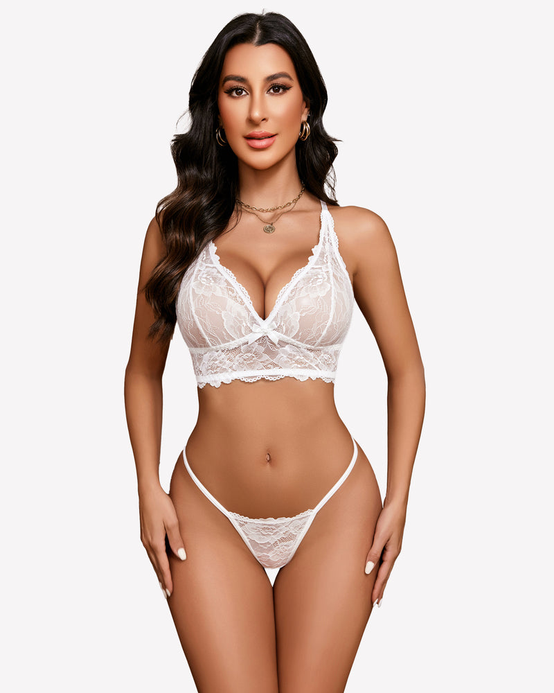 White floral lace bralette and panty set. Sexy lingerie with adjustable straps.