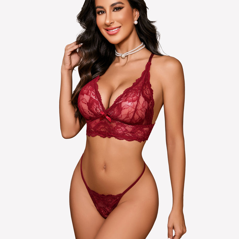 Burgundy floral lace bralette and panty set. Sexy lingerie with adjustable straps.