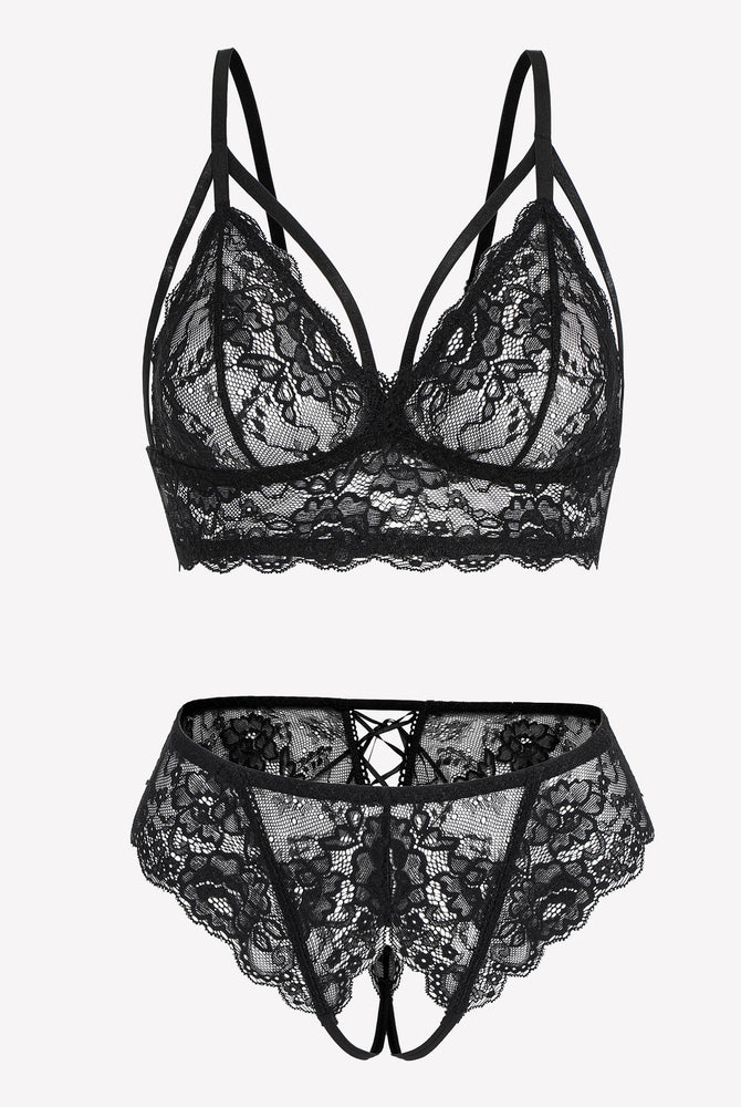 Black lace bra and panty set with adjustable straps and open back design