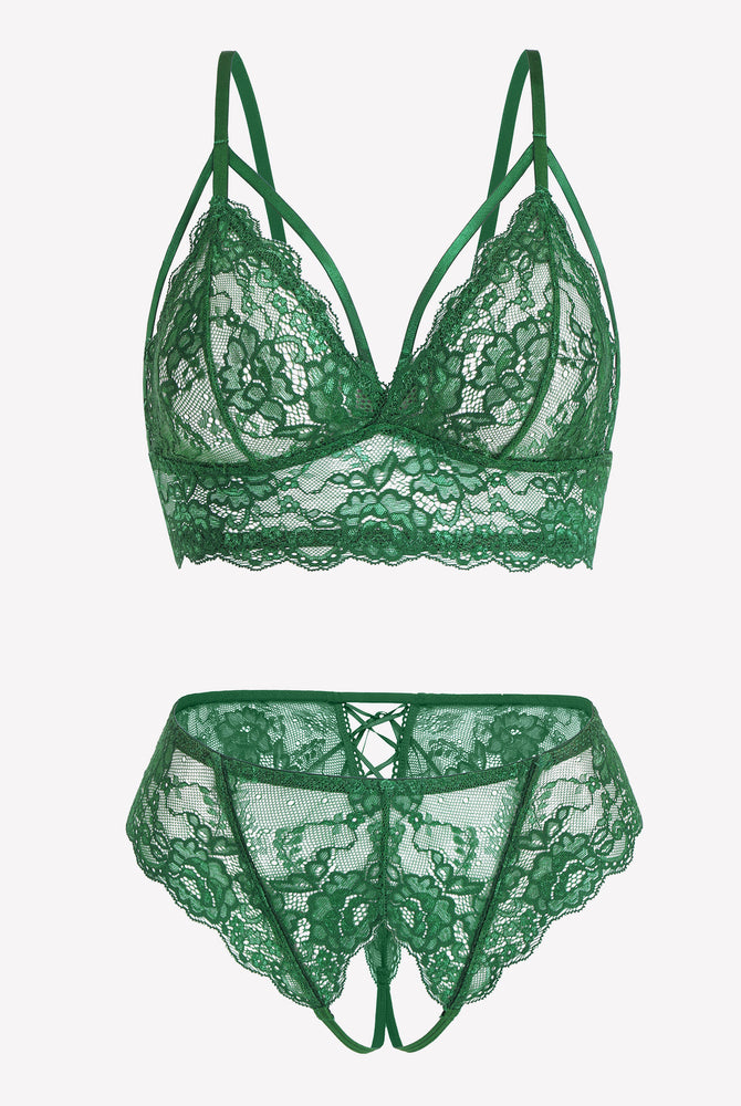 Green lace bra and tie-strap panty set with adjustable straps, perfect for a sweet night