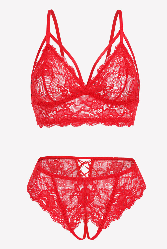 Red lace bra and panty set with adjustable straps and open back design for a romantic night.