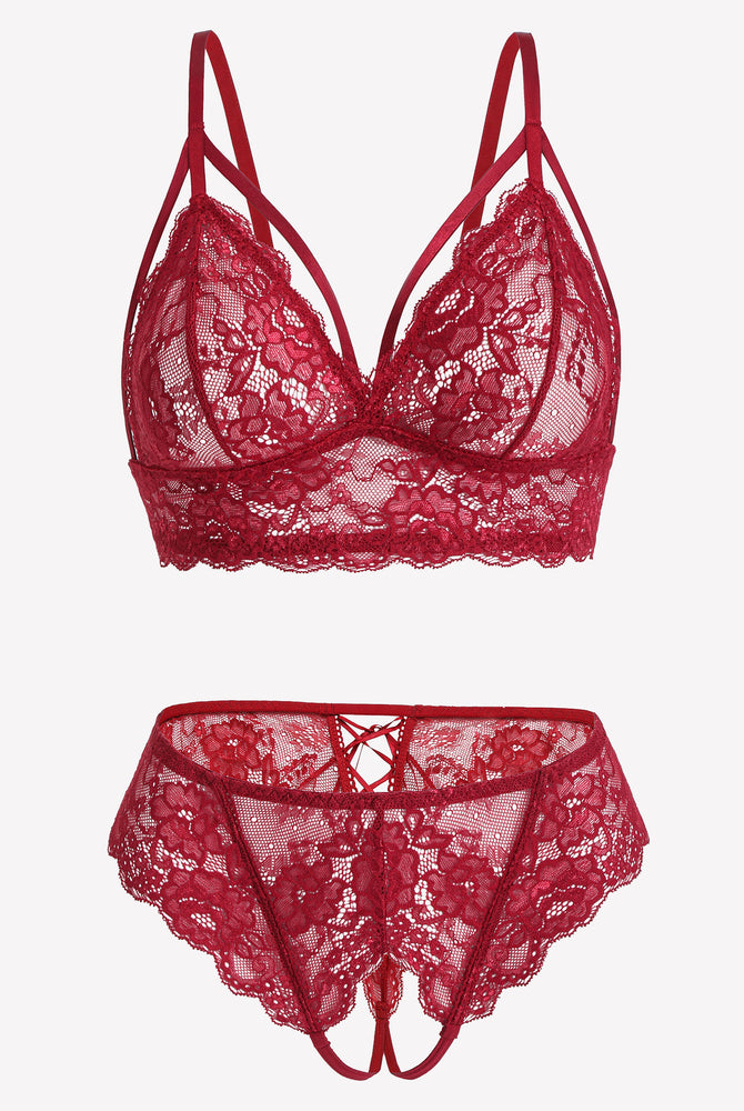 Red lace bra and panty set with adjustable straps and open back design.