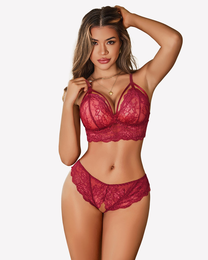 Burgundy lace bra and tie-strap panty set. Adjustable straps, perfect for a sweet night.