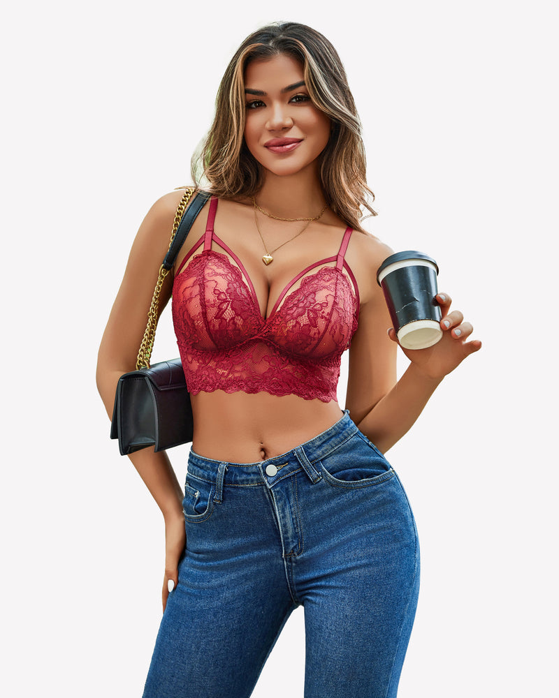 Burgundy lace bra with adjustable straps, paired with blue jeans. Perfect for a sweet night.