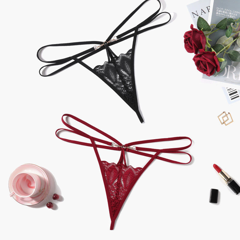 Floral Lace Briefs Hollow Out Thong Panty in black and red with delicate lace design
