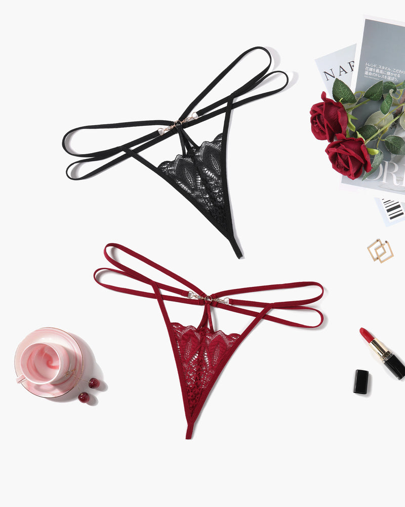 Floral Lace Briefs Hollow Out Thong Panty in black and red with delicate lace design