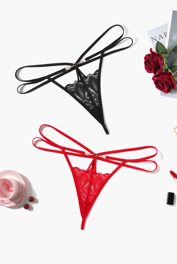 Floral Lace Briefs Hollow Out Thong Panty in black and red, offering a comfortable and sexy design.