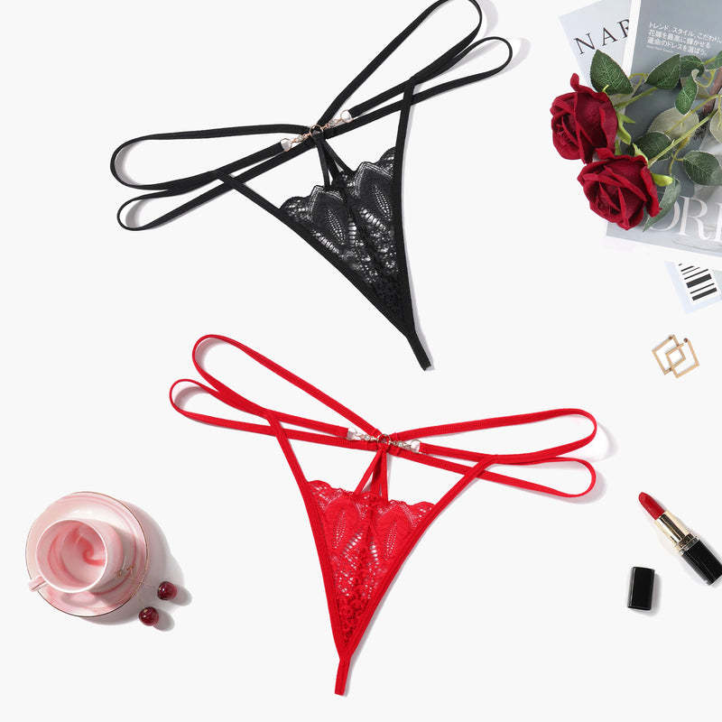 Floral Lace Briefs Hollow Out Thong Panty in black and red, offering a comfortable and sexy design.