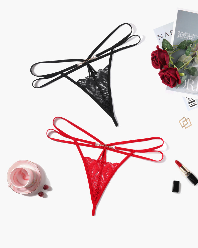 Floral Lace Briefs Hollow Out Thong Panty in black and red, offering a comfortable and sexy design.