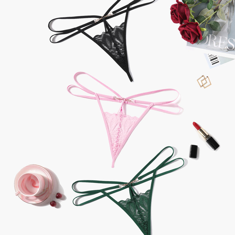 Floral Lace Briefs Hollow Out Thong Panty in black, pink, green, with delicate lace design