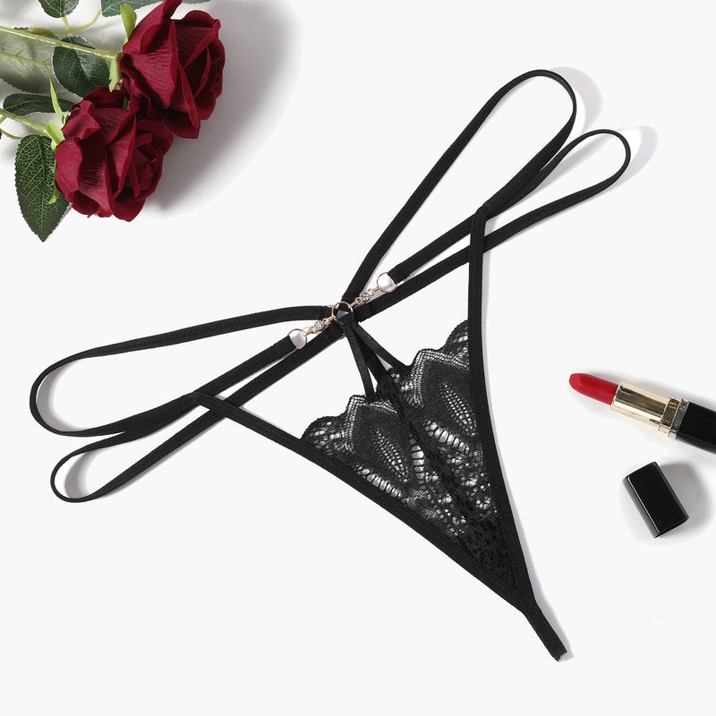 Black floral lace thong panty with hollow-out front and crisscross straps
