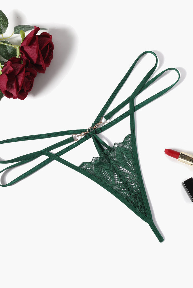 Green floral lace thong panty with gold chain, Floral Lace Briefs Hollow Out collection