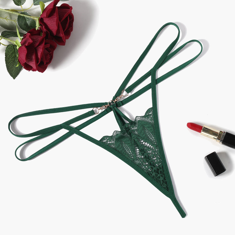 Green floral lace thong panty with gold chain, Floral Lace Briefs Hollow Out collection