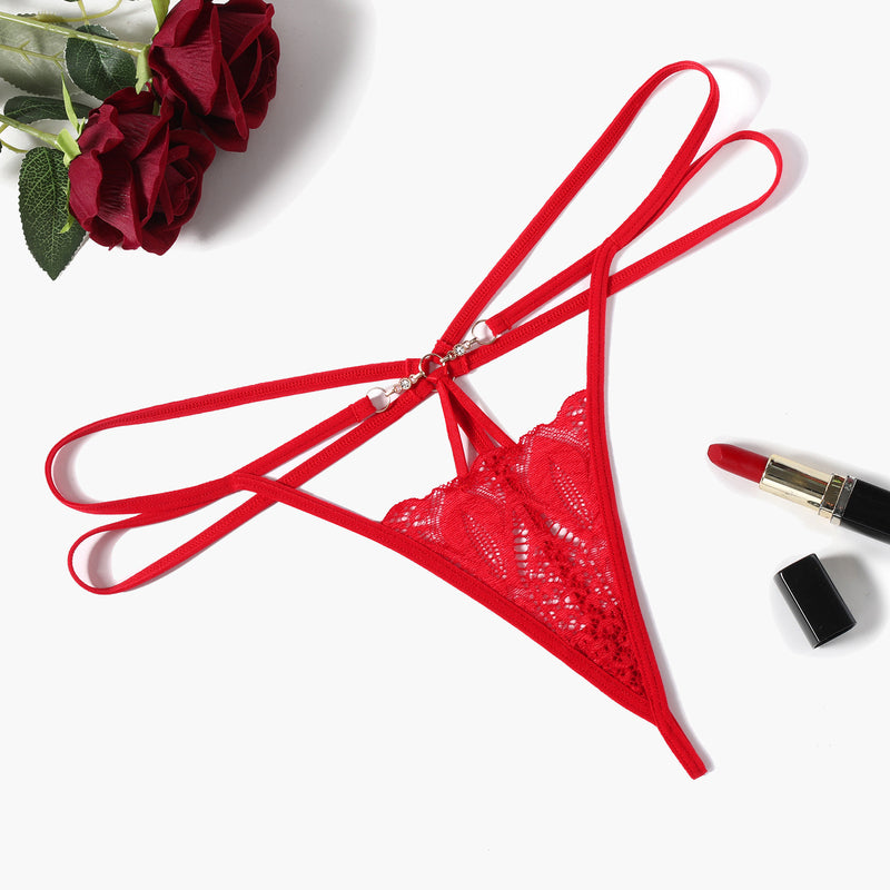 Red floral lace thong panty with delicate design, perfect for a comfortable and sexy fit.