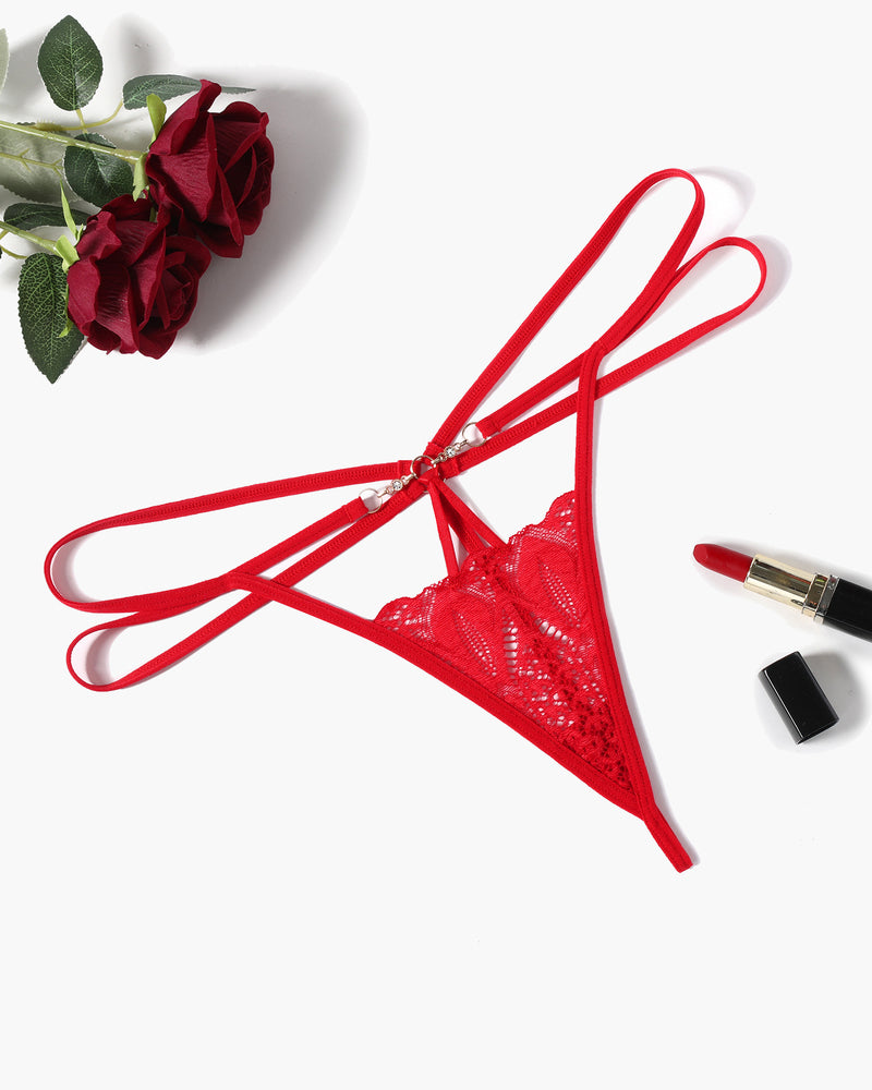 Red floral lace thong panty with delicate design, perfect for a comfortable and sexy fit.