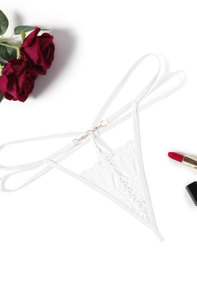 White floral lace thong panty with gold chain detail