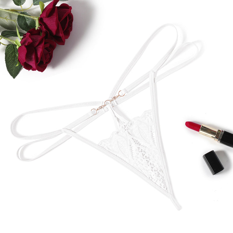 White floral lace thong panty with gold chain detail