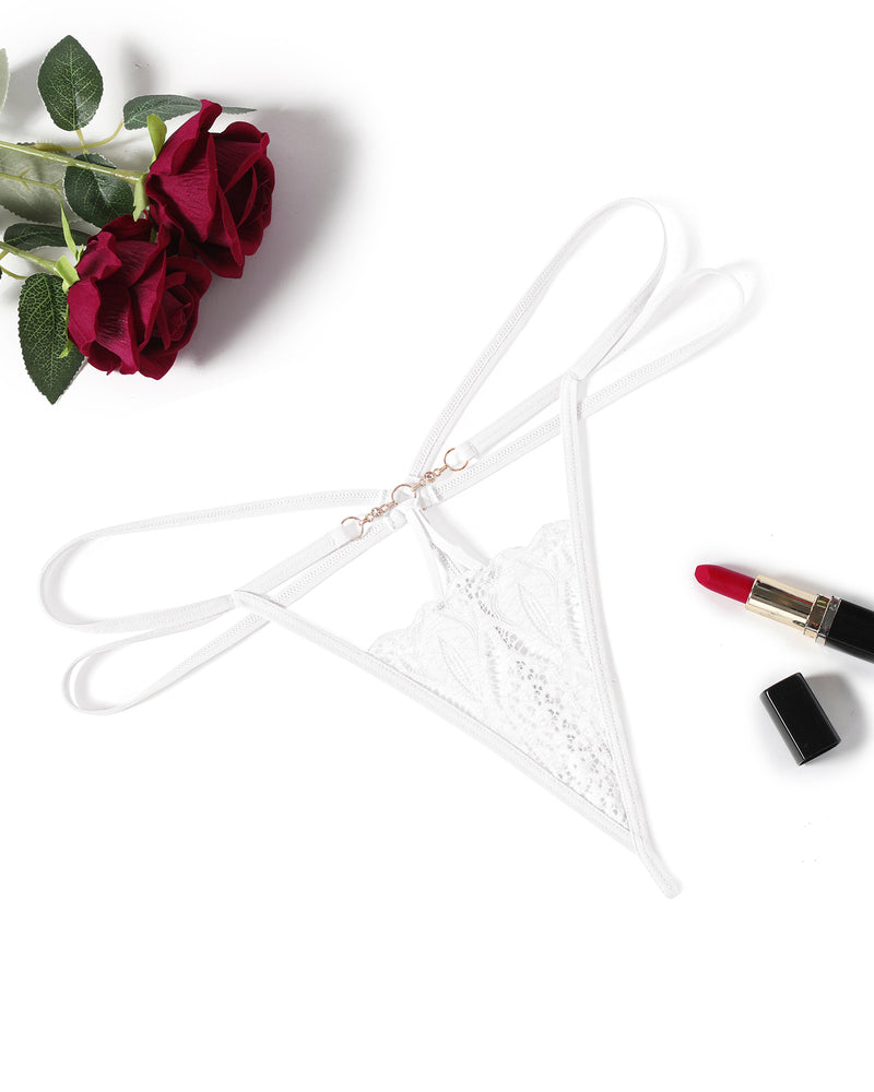 White floral lace thong panty with gold chain detail
