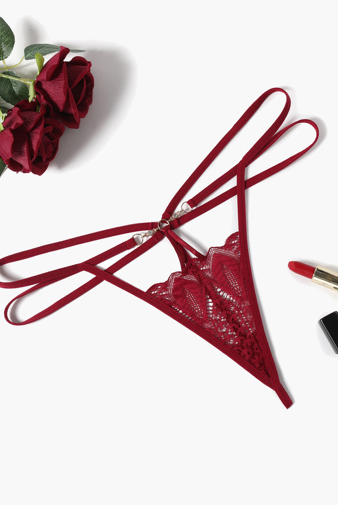 Burgundy floral lace thong panty with gold chain, Floral Lace Briefs Hollow Out