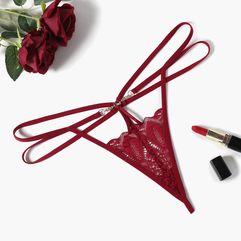 Burgundy floral lace thong panty with gold chain, Floral Lace Briefs Hollow Out