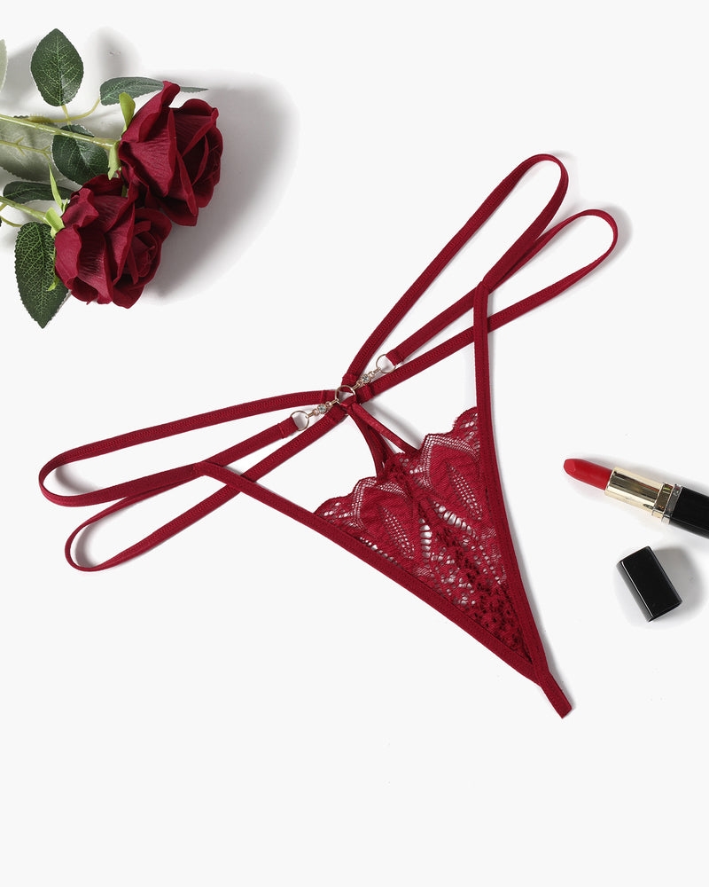 Burgundy floral lace thong panty with gold chain, Floral Lace Briefs Hollow Out