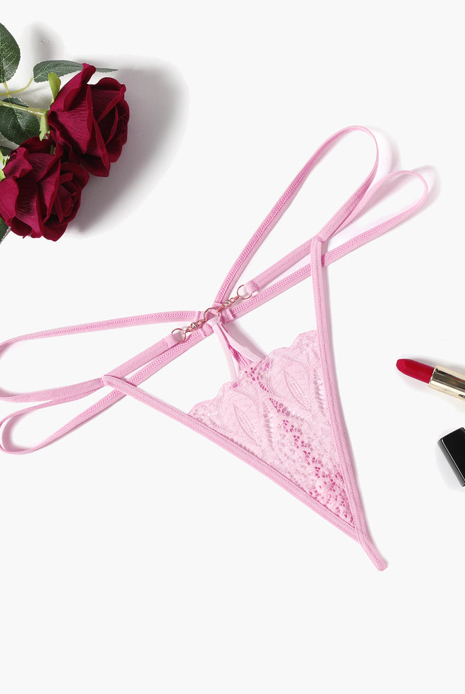 Pink Floral Lace Briefs Hollow Out Thong Panty with lace details, paired with roses and lipstick.