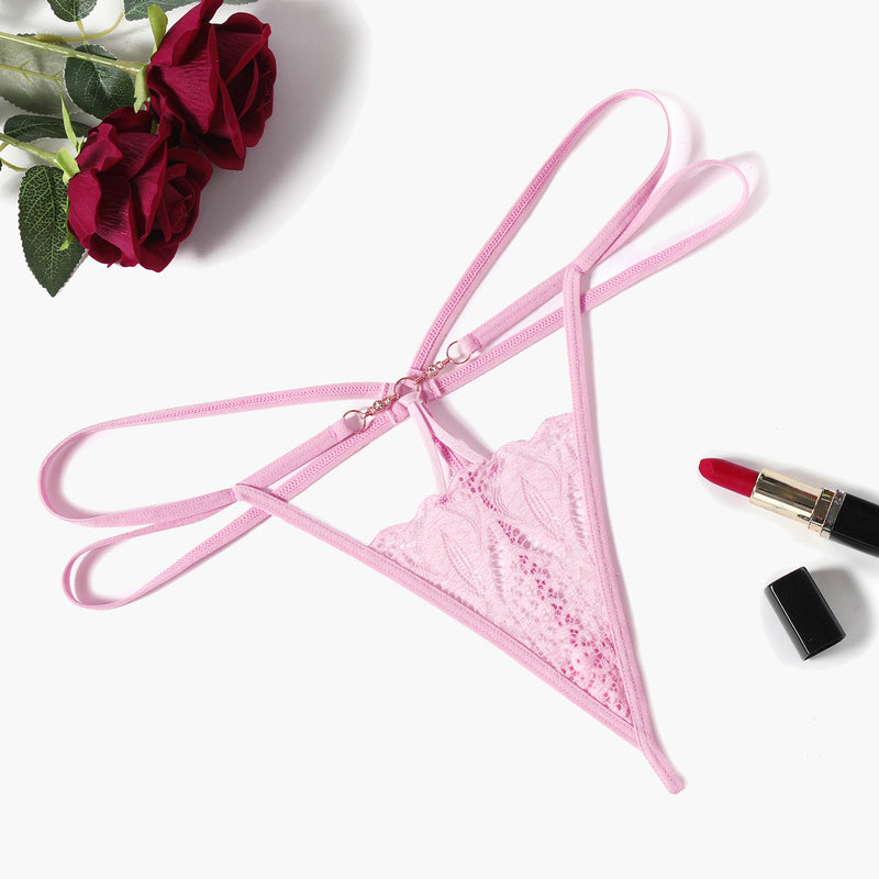 Pink Floral Lace Briefs Hollow Out Thong Panty with lace details, paired with roses and lipstick.