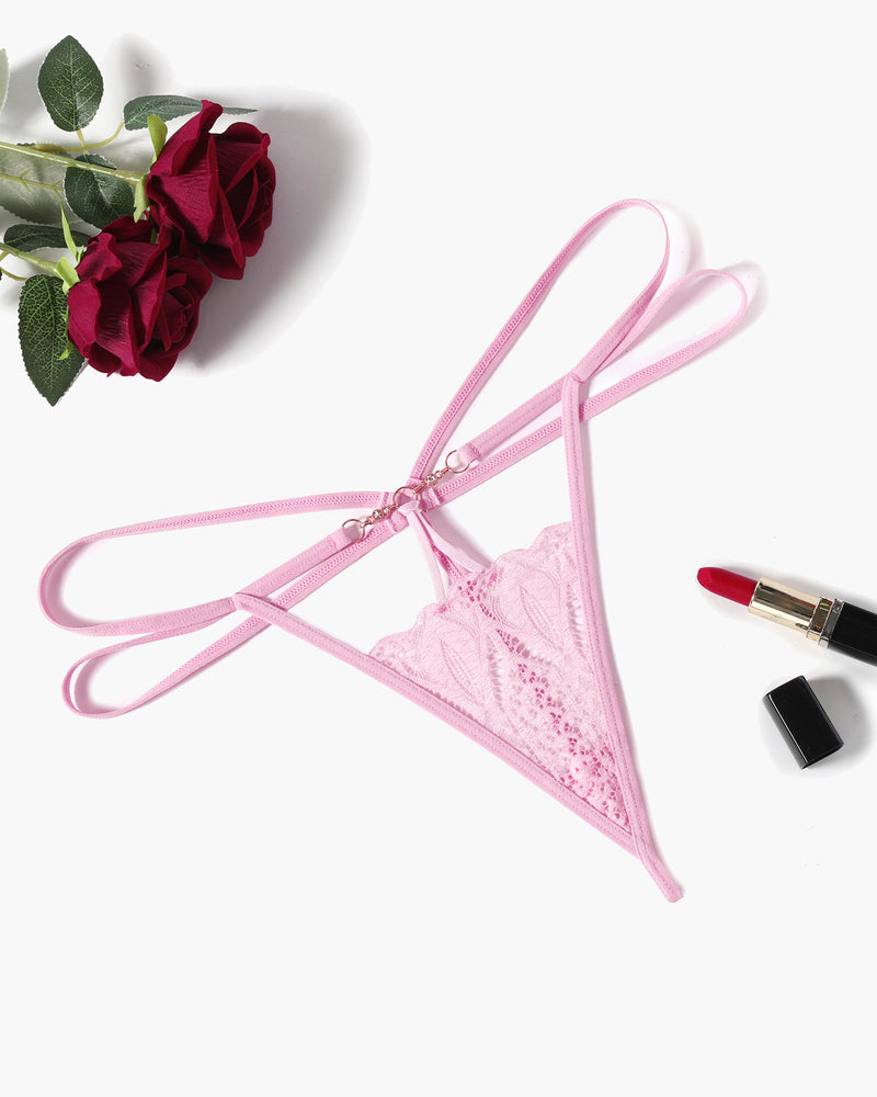Pink Floral Lace Briefs Hollow Out Thong Panty with lace details, paired with roses and lipstick.