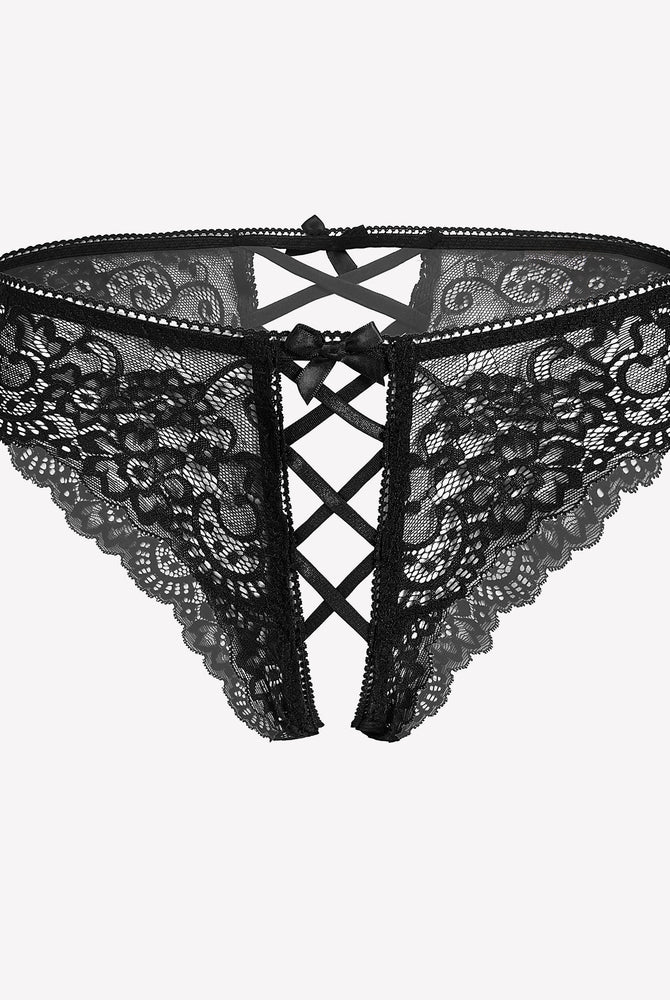 Black lace hipster panty with criss-cross straps and bow detail. Floral lace design.