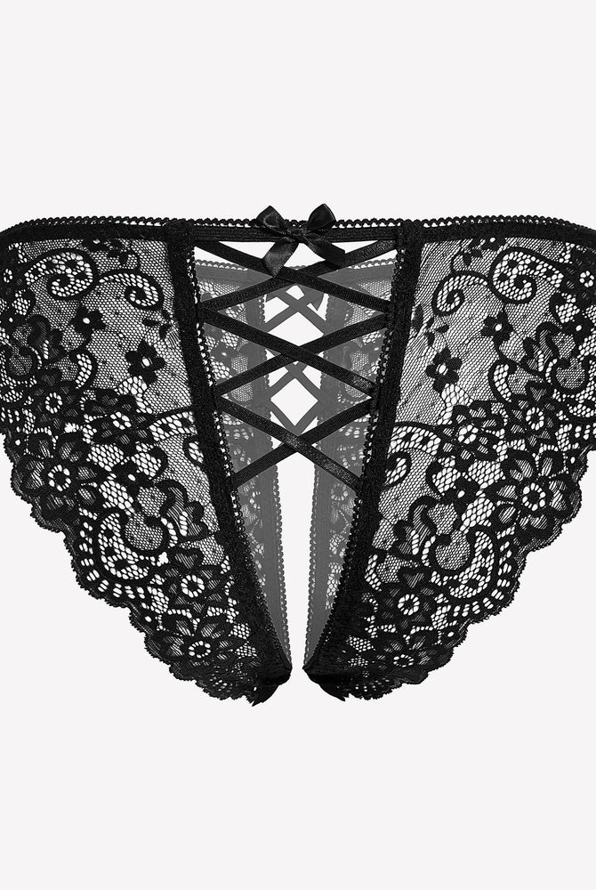 Black lace hipster panty with criss-cross straps and bow detail.