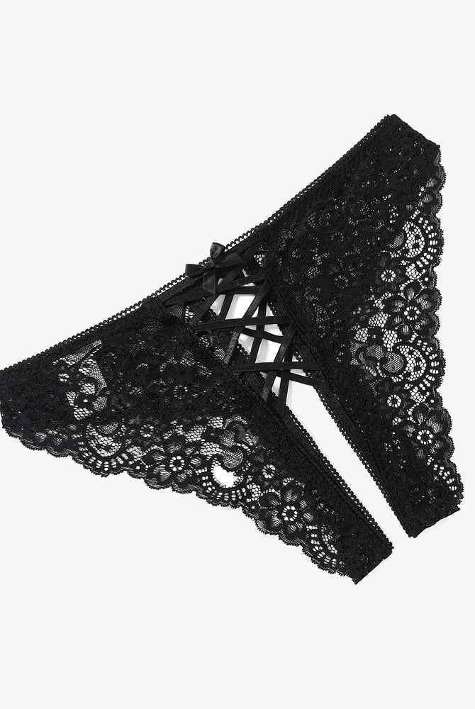 Black lace hipster panty with criss cross straps and double bow detail, perfect for a sweet night