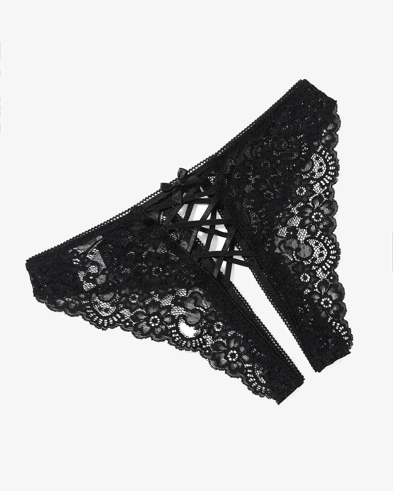 Black lace hipster panty with criss cross straps and double bow detail, perfect for a sweet night
