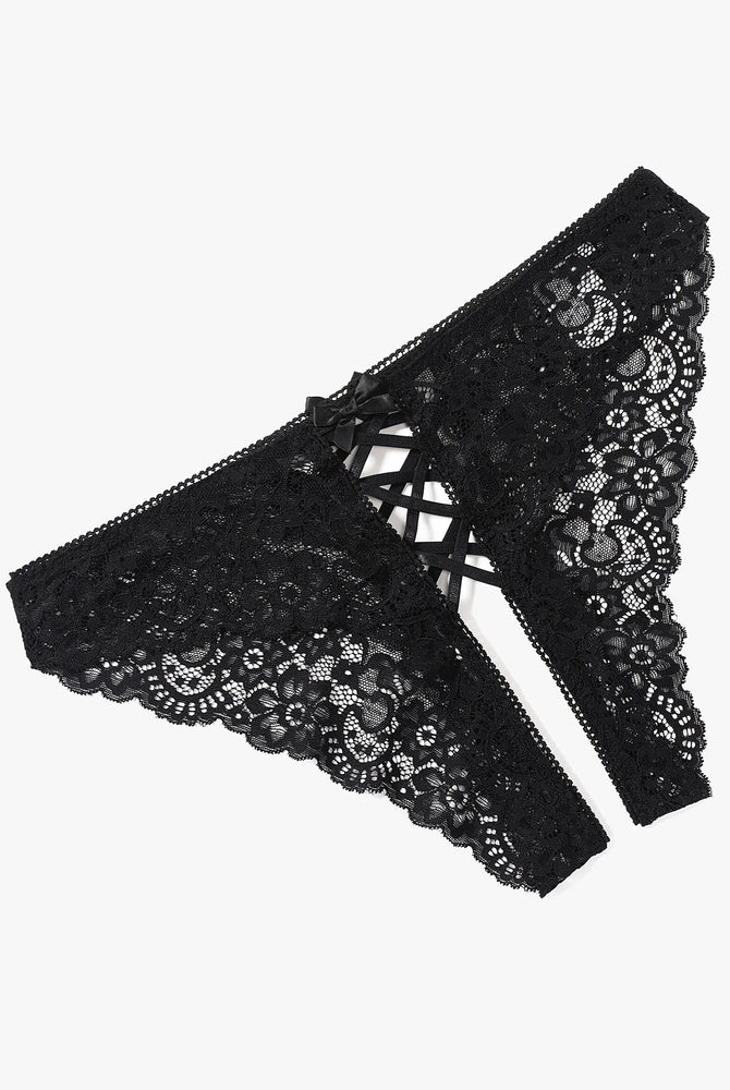 Black lace hipster panty with criss cross straps and double bow detail. Perfect for a sweet night.