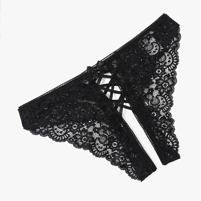 Black lace hipster panty with criss cross straps and double bow detail. Perfect for a sweet night.
