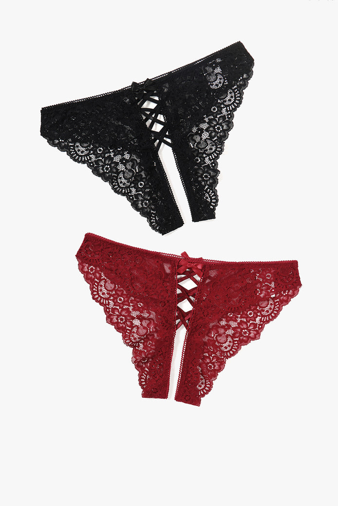 Black and burgundy lace hipster panties with criss-cross straps and bow detail