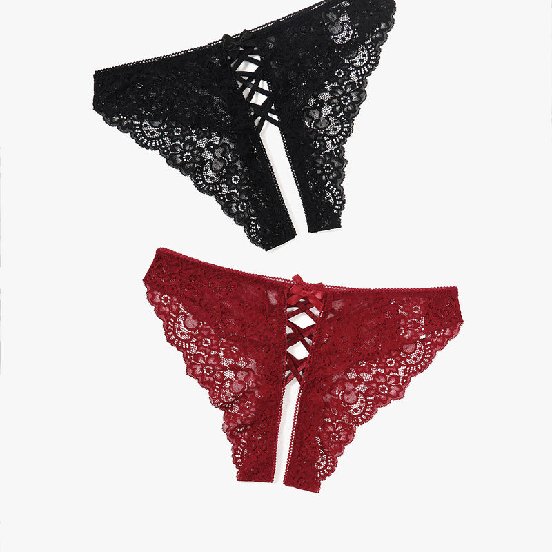 Black and burgundy lace hipster panties with criss-cross straps and bow detail