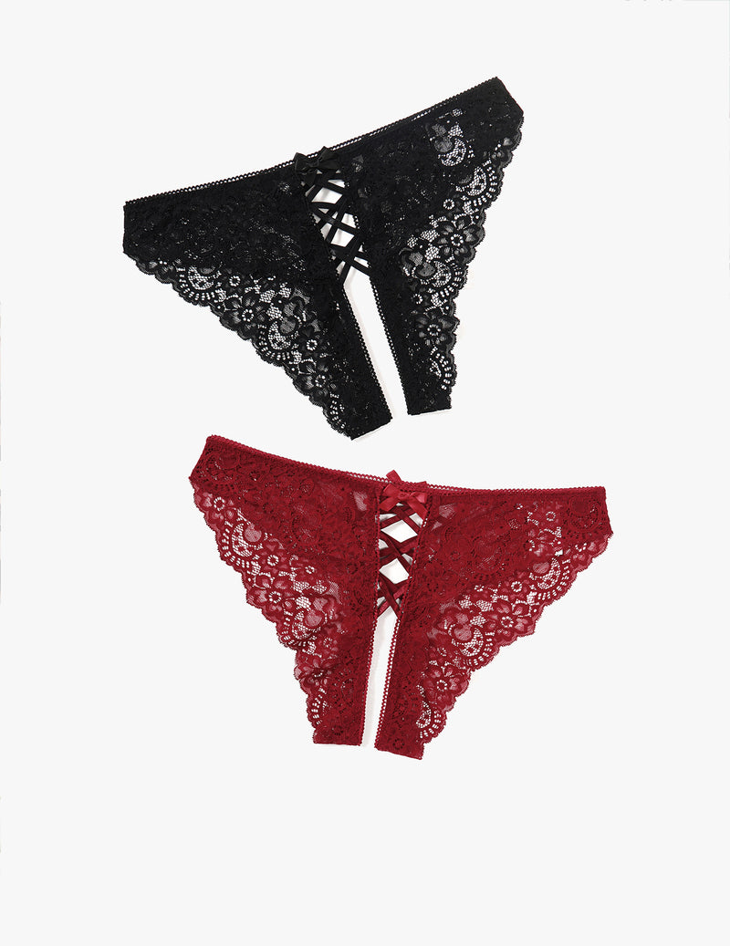 Black and burgundy lace hipster panties with criss-cross straps and bow detail