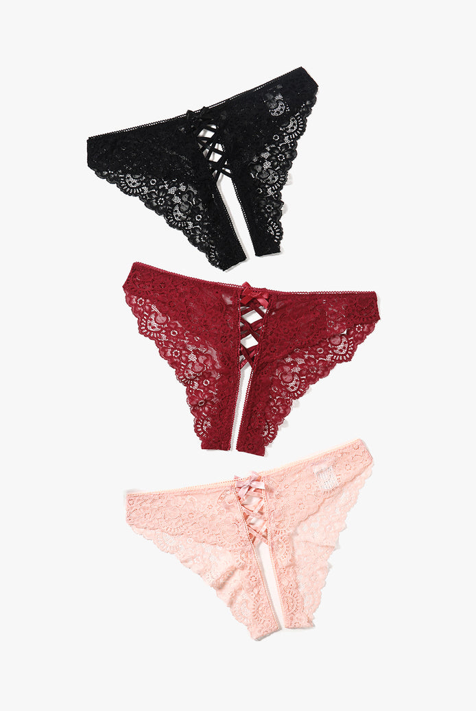 Lace Hipster Panties in Black, Burgundy, and Pink. Floral lace, cross straps, and bow details.