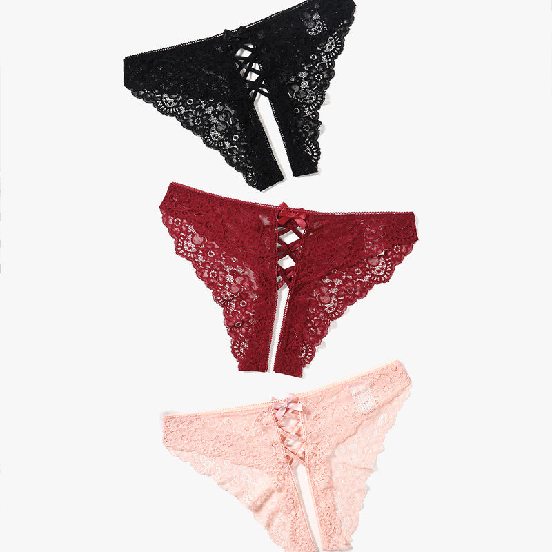 Lace Hipster Panties in Black, Burgundy, and Pink. Floral lace, cross straps, and bow details.