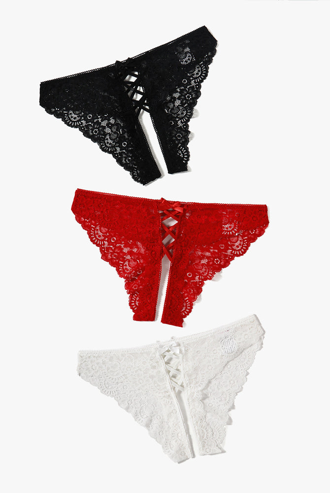 Criss cross lace hipster panties in black, red, and white. Floral lace, bow detail.