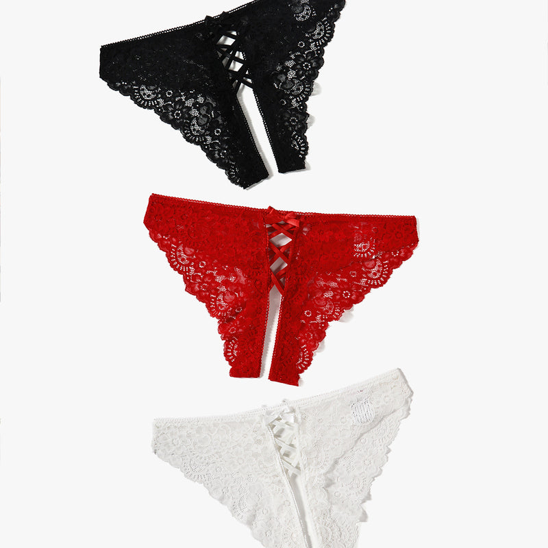 Criss cross lace hipster panties in black, red, and white. Floral lace, bow detail.