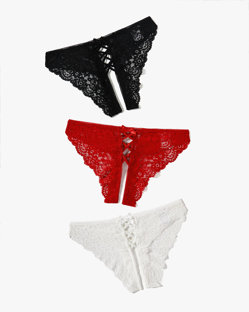 Criss cross lace hipster panties in black, red, and white. Floral lace, bow detail.