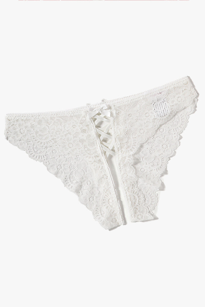 White lace hipster panty with criss-cross straps and double bow detail, perfect for a sweet night