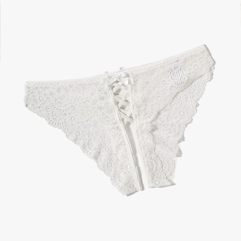 White lace hipster panty with criss-cross straps and double bow detail, perfect for a sweet night