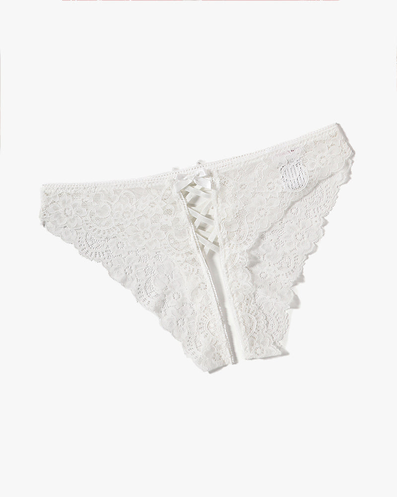 White lace hipster panty with criss-cross straps and double bow detail, perfect for a sweet night
