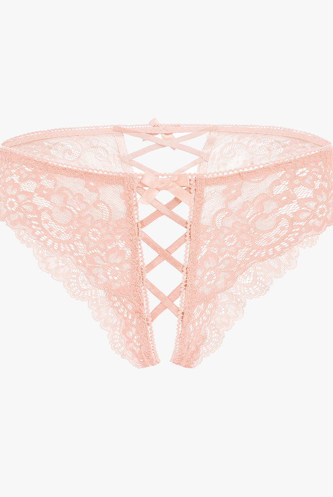 Peach lace hipster panty with criss-cross straps and double bow detail, perfect for a sweet night.