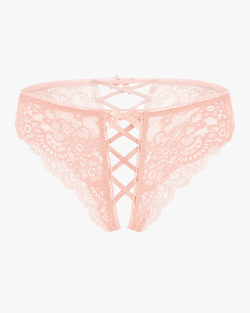 Peach lace hipster panty with criss-cross straps and double bow detail, perfect for a sweet night.