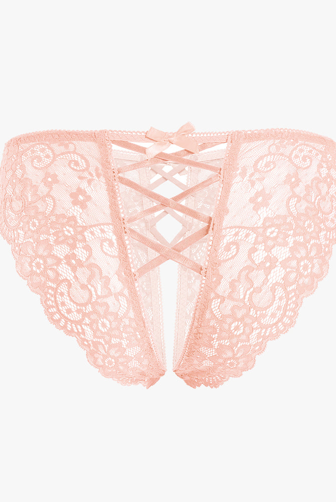 Avidlove light pink lace hipster panty with criss-cross back and bow details
