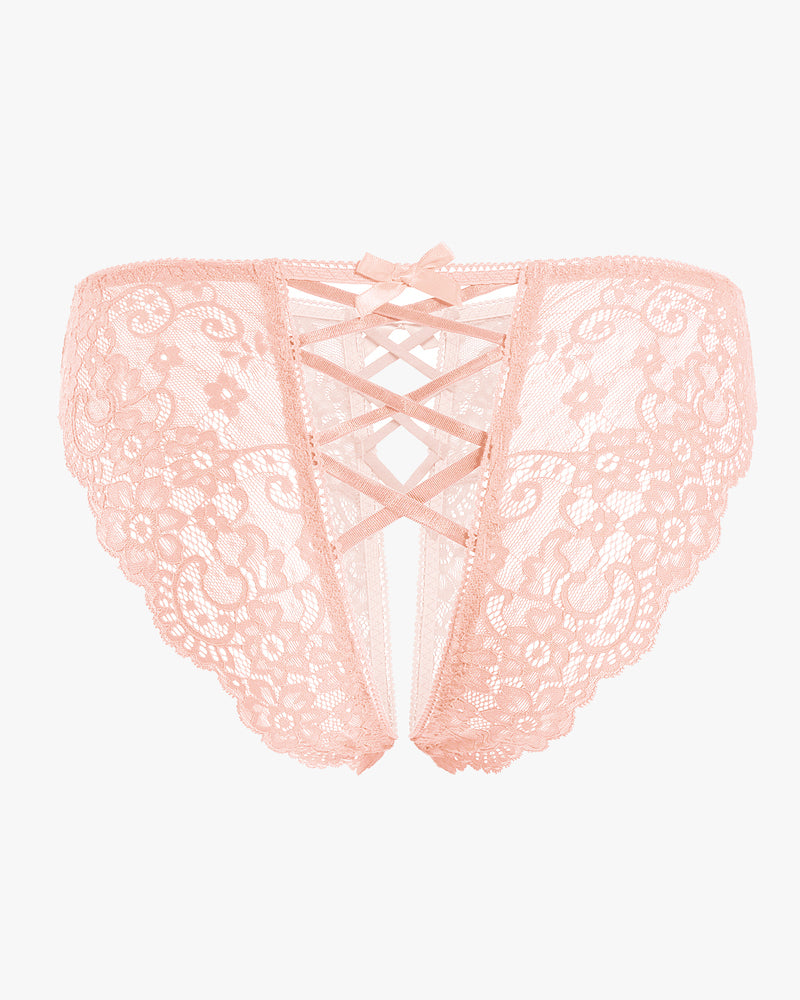 Avidlove light pink lace hipster panty with criss-cross back and bow details